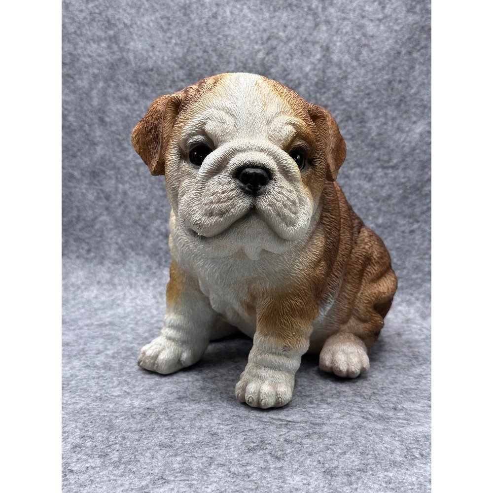 English Bulldog Puppy Figurine Resin Dog Statue Brown White Wrinkled